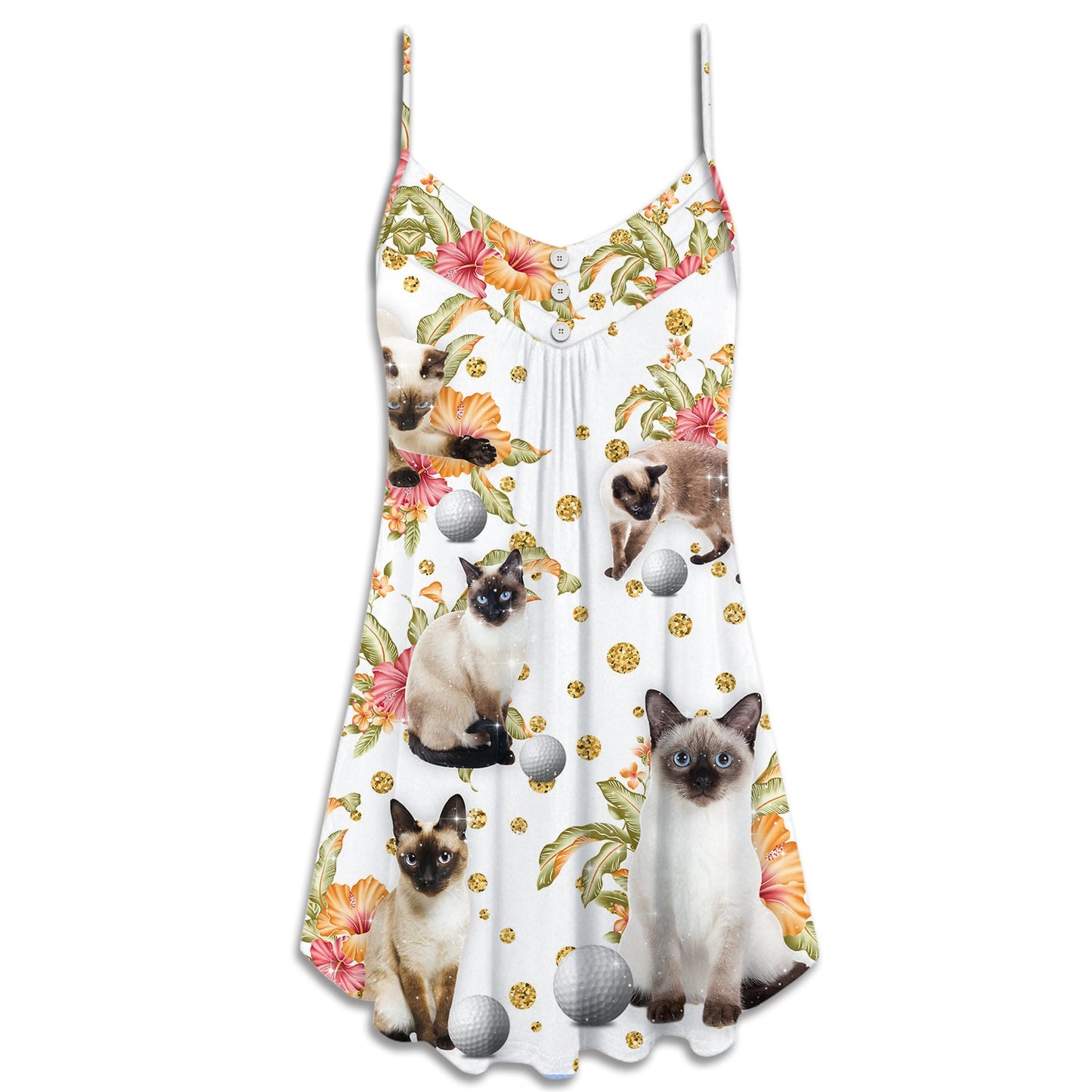 Cat Playing Golf Bling Flower – Women's Summer Sleeveless V-Neck Camisole Dress