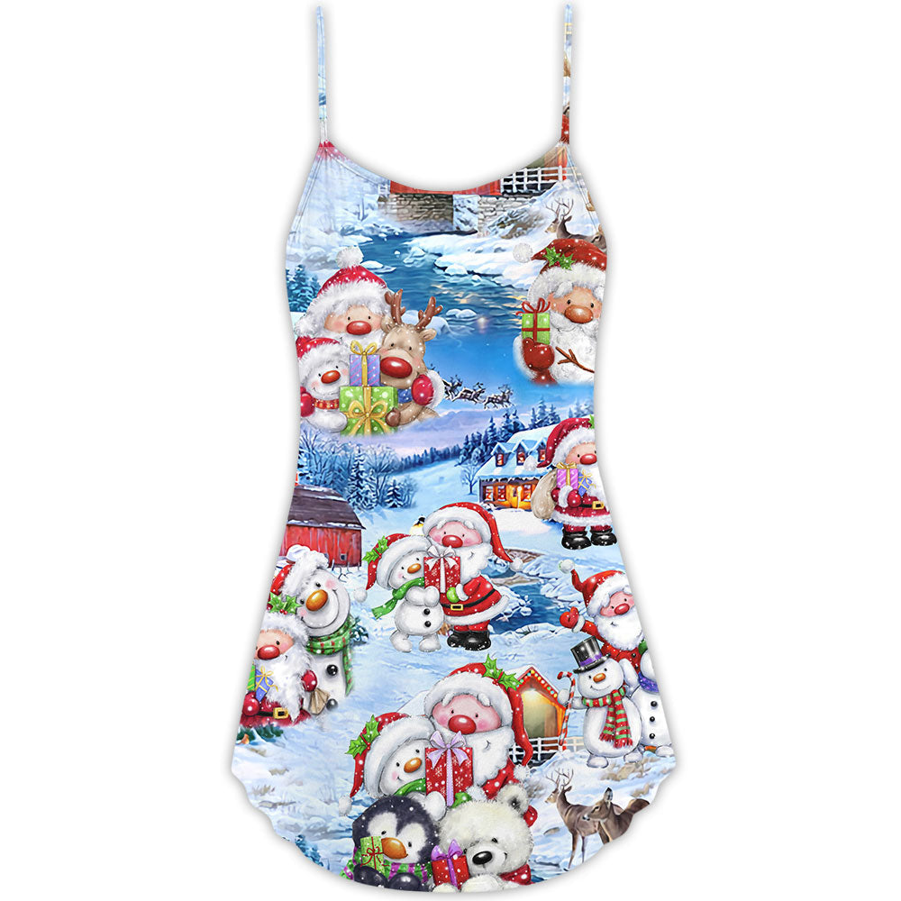 Santa And Snowman Holiday Village – Women's Summer Sleeveless V-Neck Camisole Dress