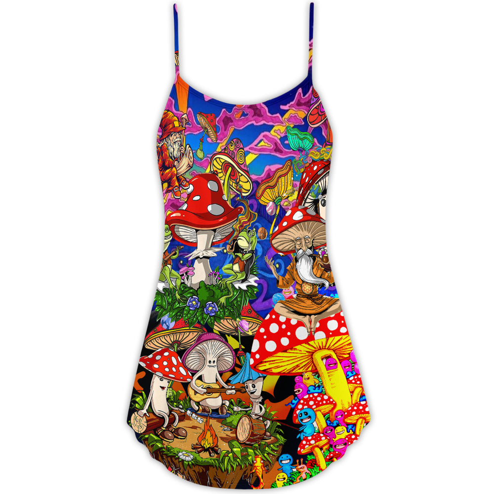 Hippie Mushroom Happy Together – Women's Summer Sleeveless V-Neck Camisole Dress