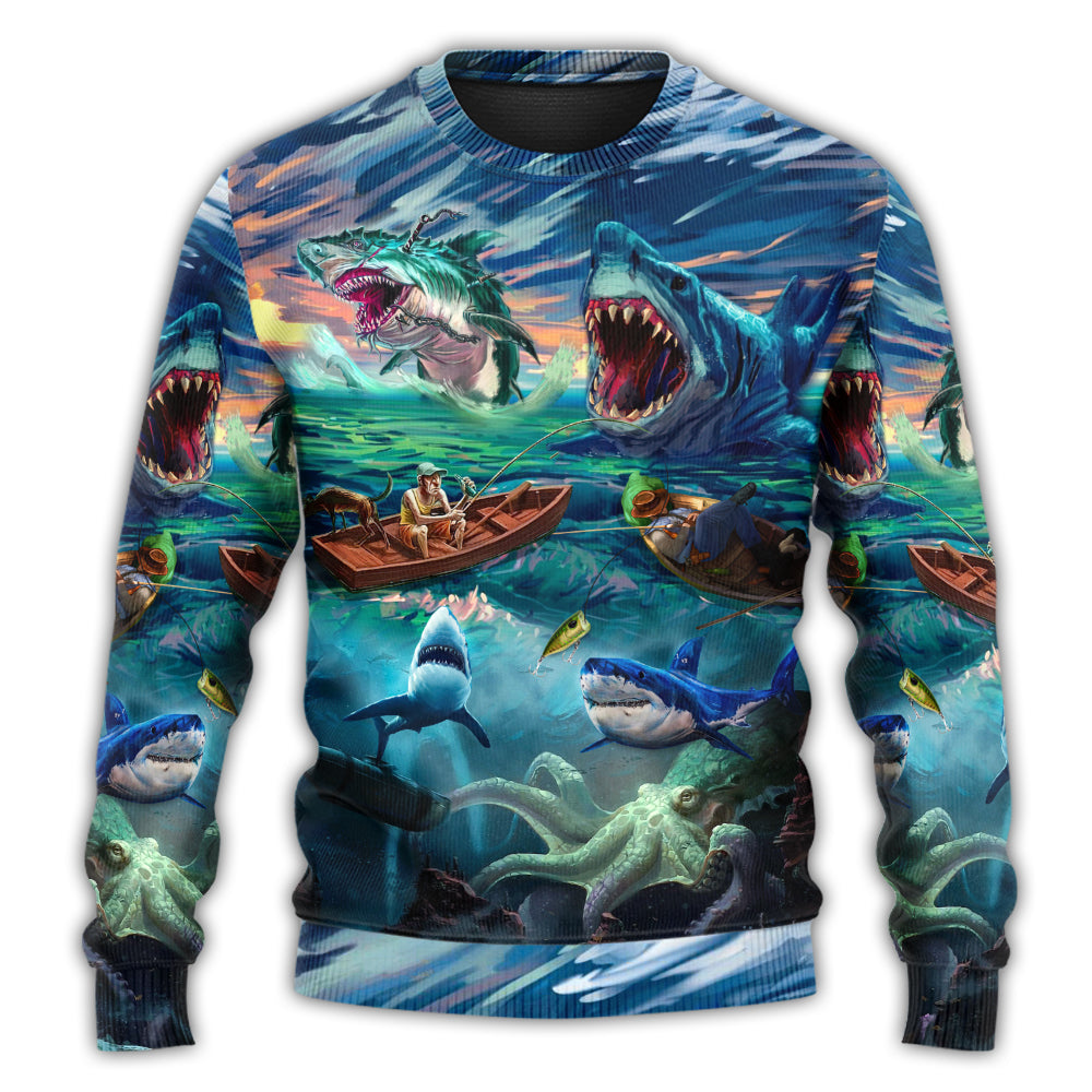 Fishing Shark Crazy Art Style – Sweater - Ugly Christmas Sweater