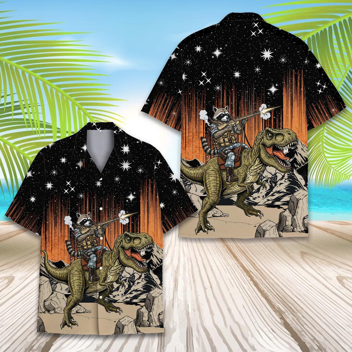 Funny Raccoon Riding T-Rex Space Galaxy Adventure – Hawaiian Shirt