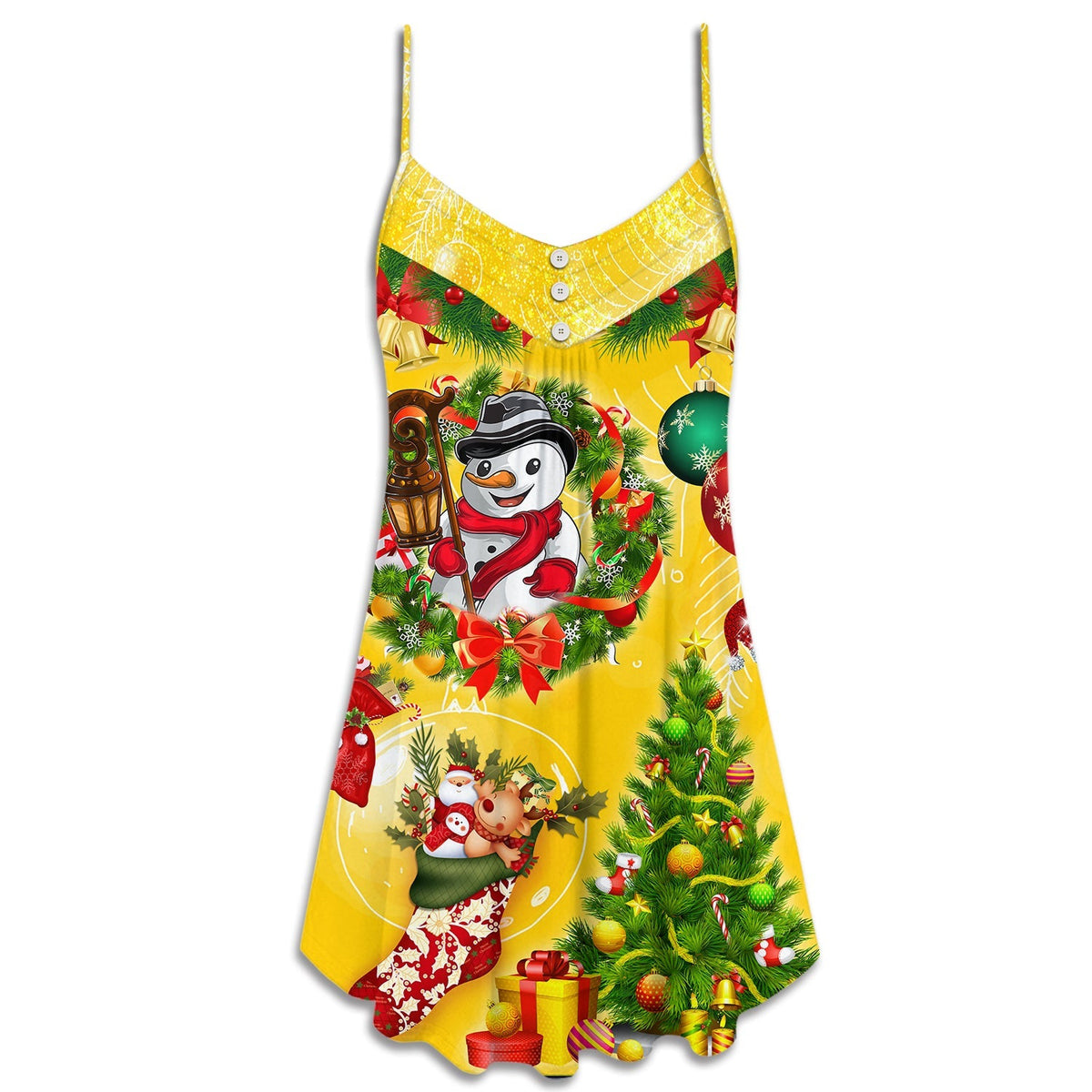 Funny Snowman Christmas Tree Lights – Women's Summer Sleeveless V-Neck Camisole Dress