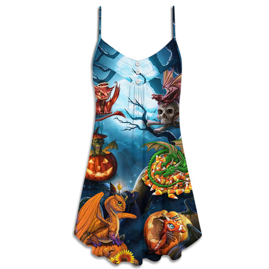 Halloween Dragon Pumpkin Night – Women's Summer Sleeveless V-Neck Camisole Dress