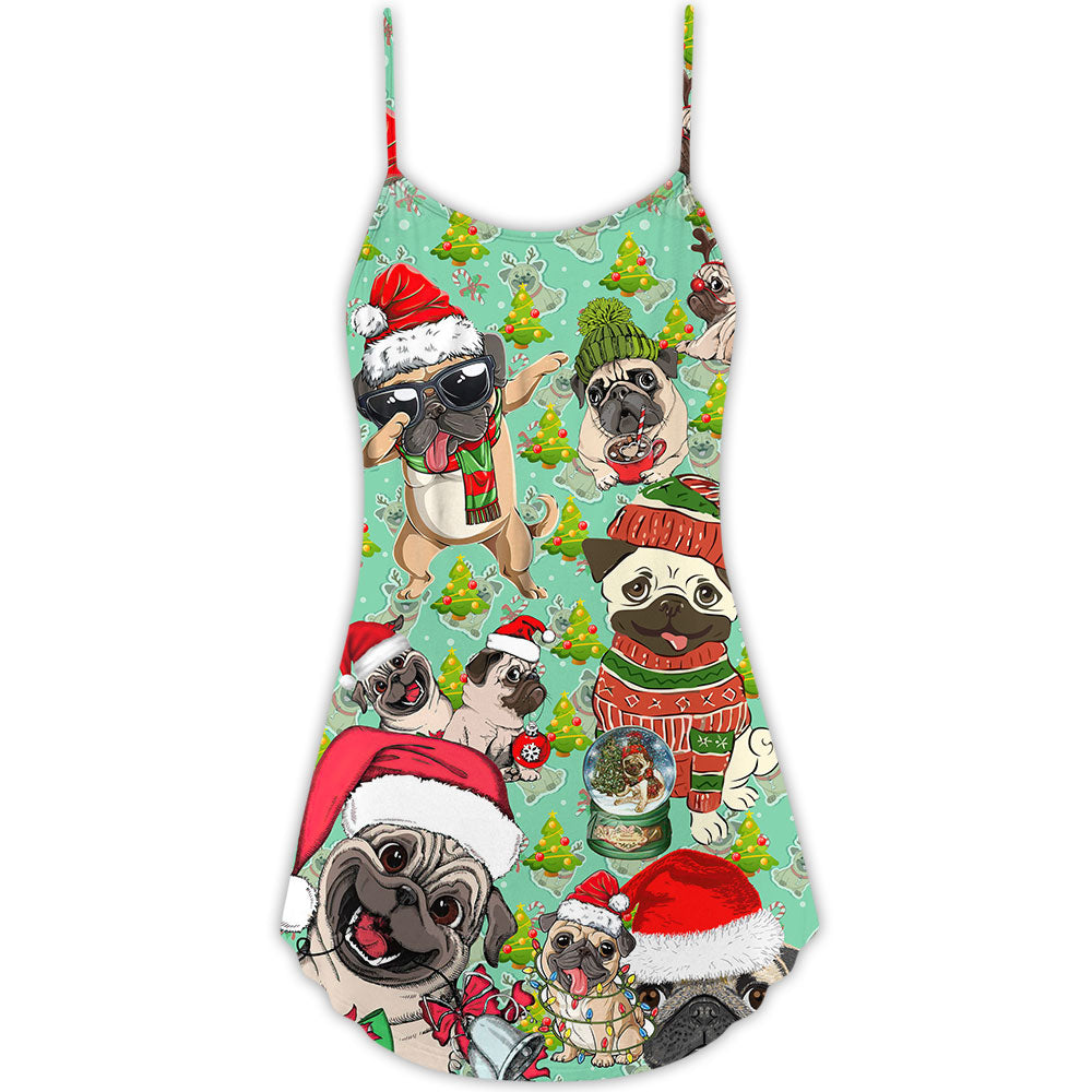 Pugmas Santa Merry Christmas Snow – Women's Summer Sleeveless V-Neck Camisole Dress