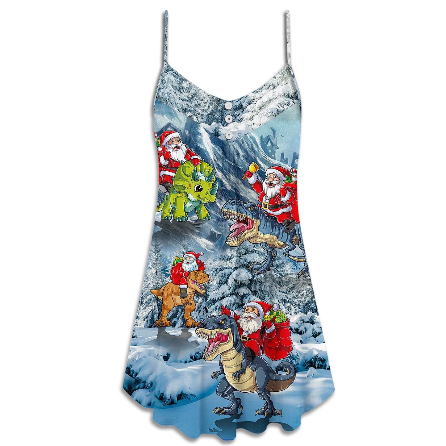 Christmas Santa Riding Dinosaur Tree Gifts – Women's Summer Sleeveless V-Neck Camisole Dress