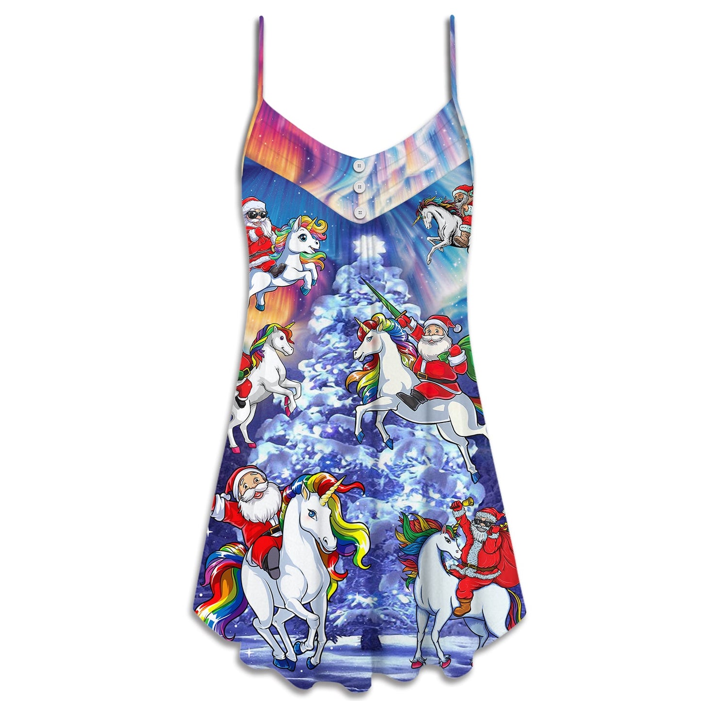 Christmas Santa Riding Unicorn Rainbow Night – Women's Summer Sleeveless V-Neck Camisole Dress