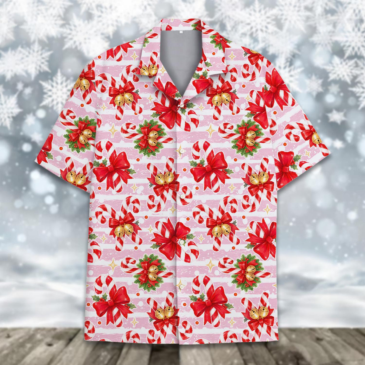 Pink Candy Cane Red Bow Jingle Bell Christmas – Hawaiian Shirt