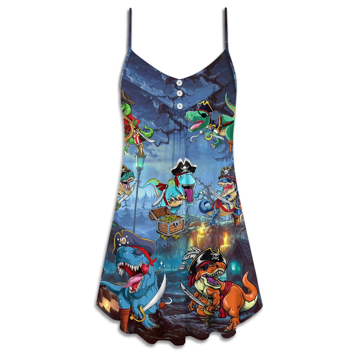 Halloween Pirate Dinosaur Night – Women's Summer Sleeveless V-Neck Camisole Dress