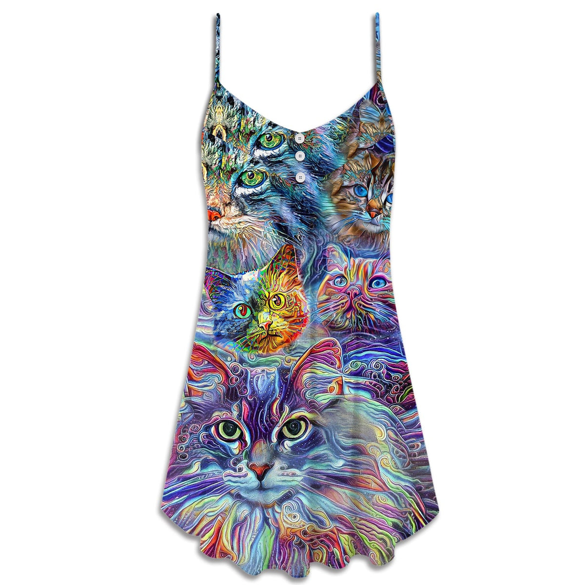 Hippie Cat Art Lover Colorful – Women's Summer Sleeveless V-Neck Camisole Dress