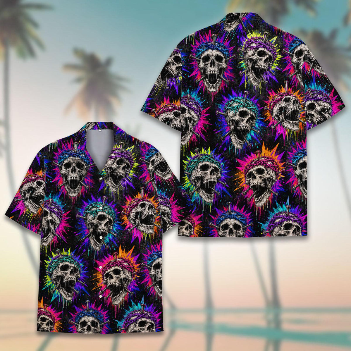 Gothic Skull Neon Thorn Crown Grunge – Hawaiian Shirt