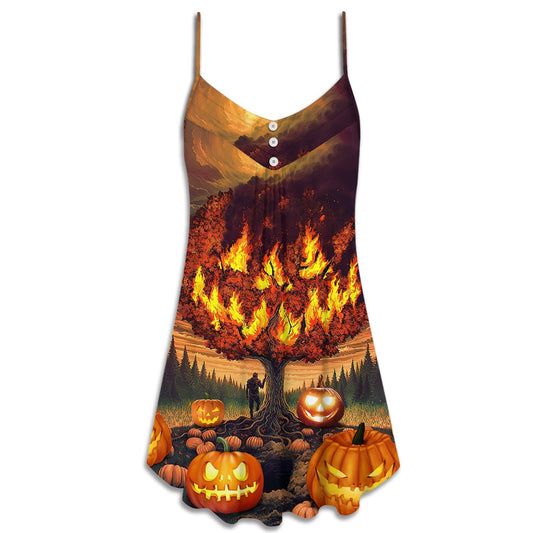 Halloween Burning Pumpkin Style – Women's Summer Sleeveless V-Neck Camisole Dress