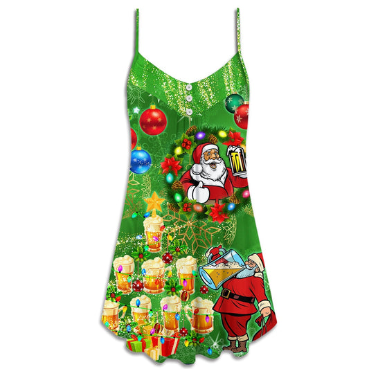 Funny Santa Drinking Beer Christmas Lights – Women's Summer Sleeveless V-Neck Camisole Dress