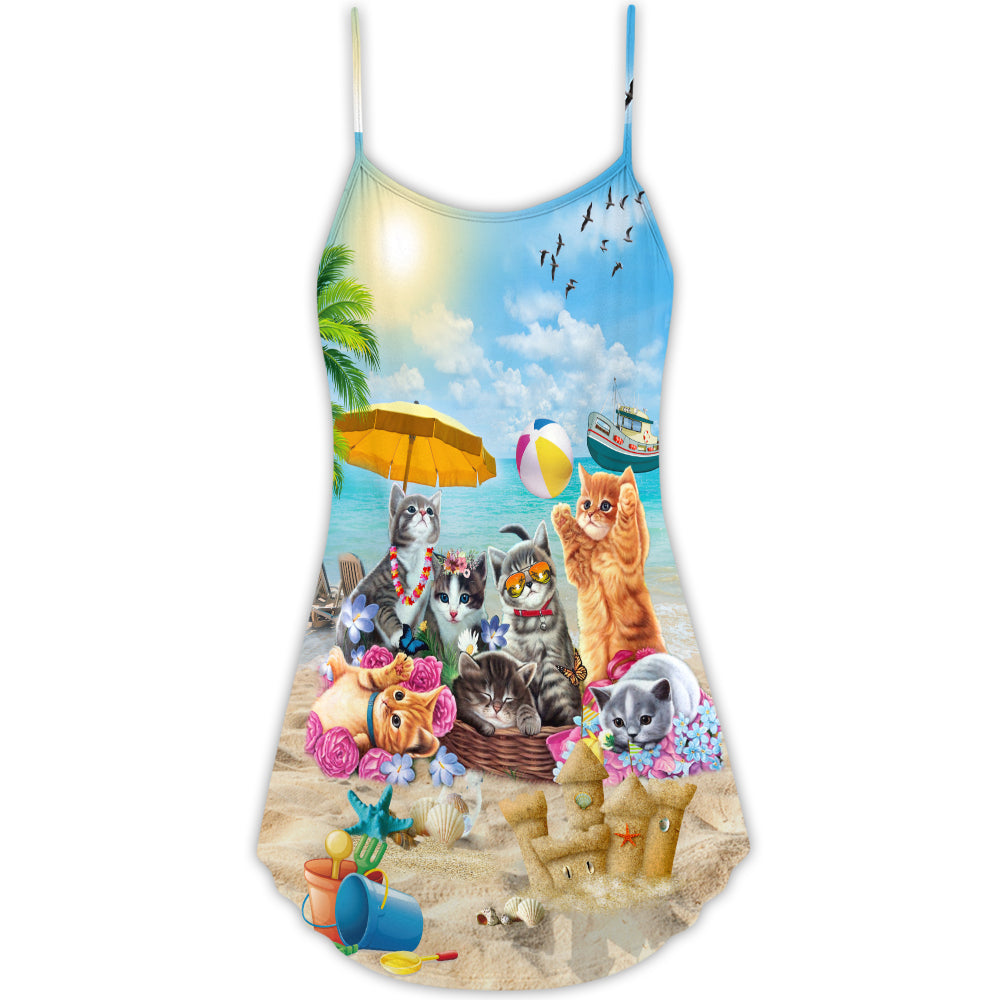 Happy Cat Beach Sunshine – Women's Summer Sleeveless V-Neck Camisole Dress