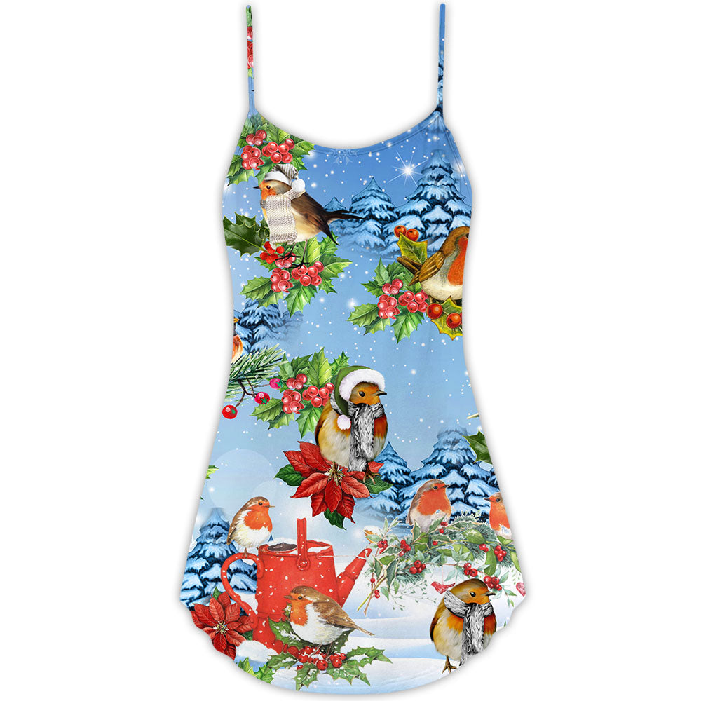 Robin Birds Merry Christmas – Women's Summer Sleeveless V-Neck Camisole Dress
