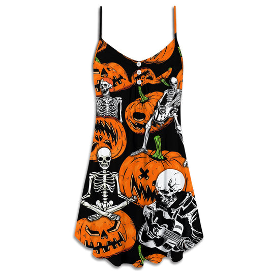 Halloween Skeleton Pumpkin Scary – Women's Summer Sleeveless V-Neck Camisole Dress