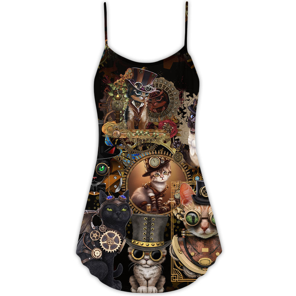 Steampunk Cat Keep Calm – Women's Summer Sleeveless V-Neck Camisole Dress
