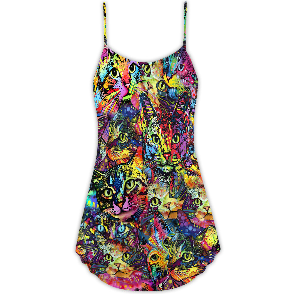 Smiling Colorful Cat Style – Women's Summer Sleeveless V-Neck Camisole Dress