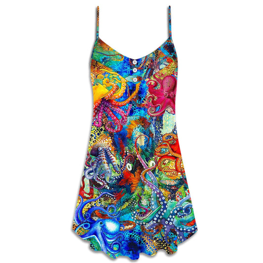 Octopus Lover Colorful Art – Women's Summer Sleeveless V-Neck Camisole Dress