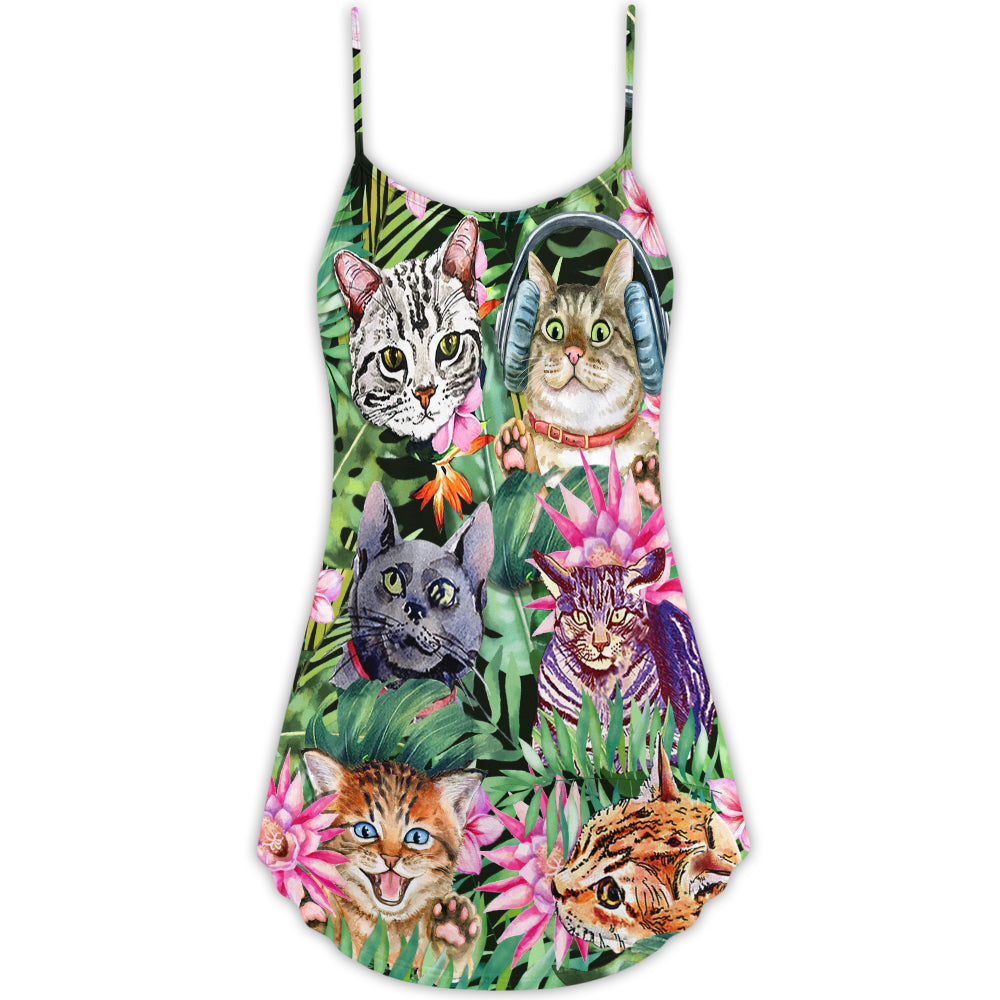 Cat Is My Life Tropical Leaf – Women's Summer Sleeveless V-Neck Camisole Dress