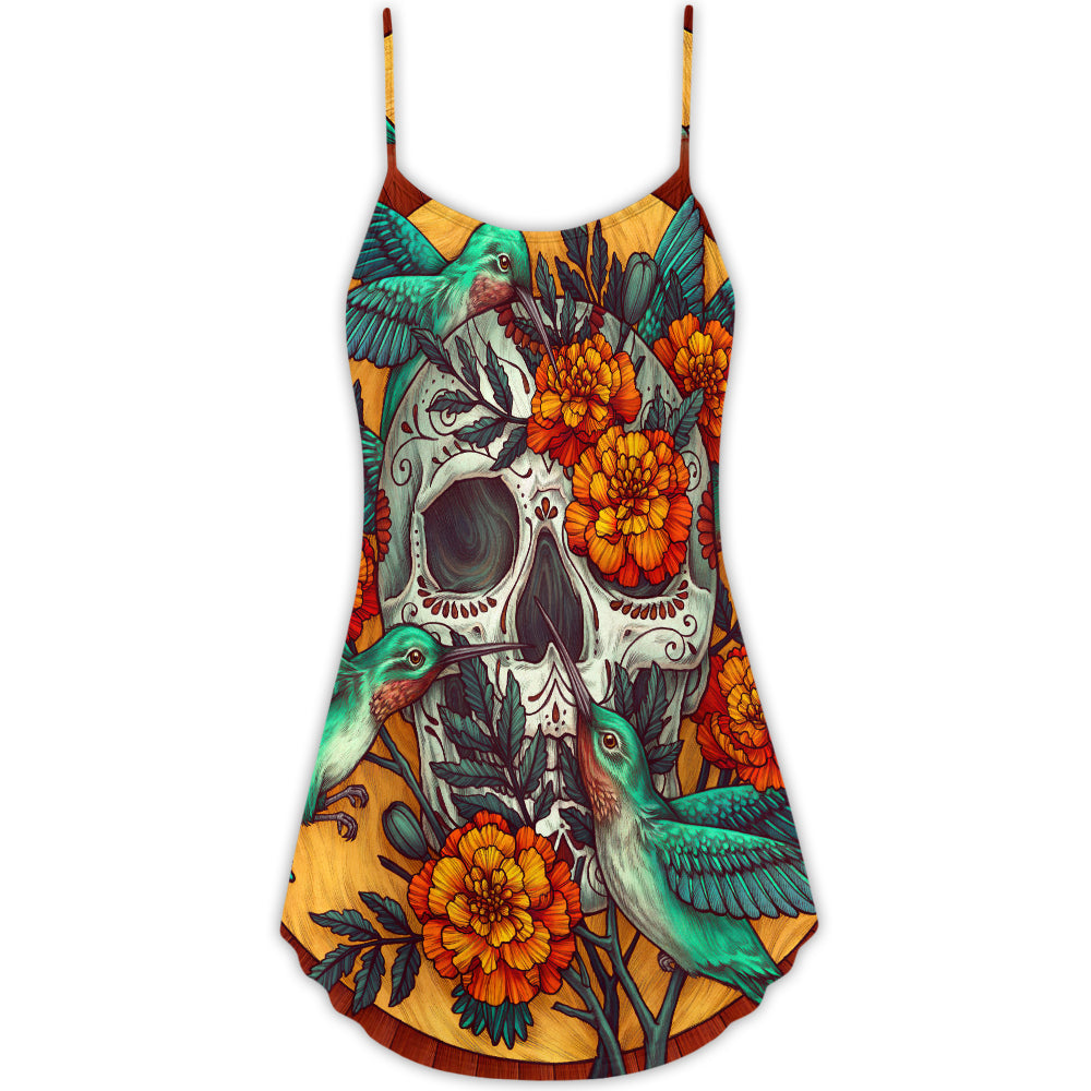 Floral Skull And Hummingbird – Women's Summer Sleeveless V-Neck Camisole Dress