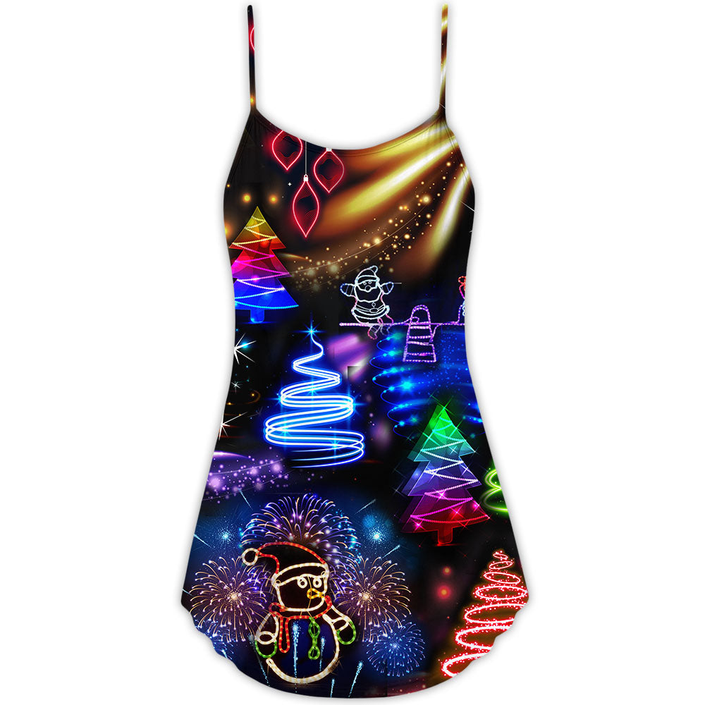 Christmas Neon Santa And Snowman – Women's Summer Sleeveless V-Neck Camisole Dress