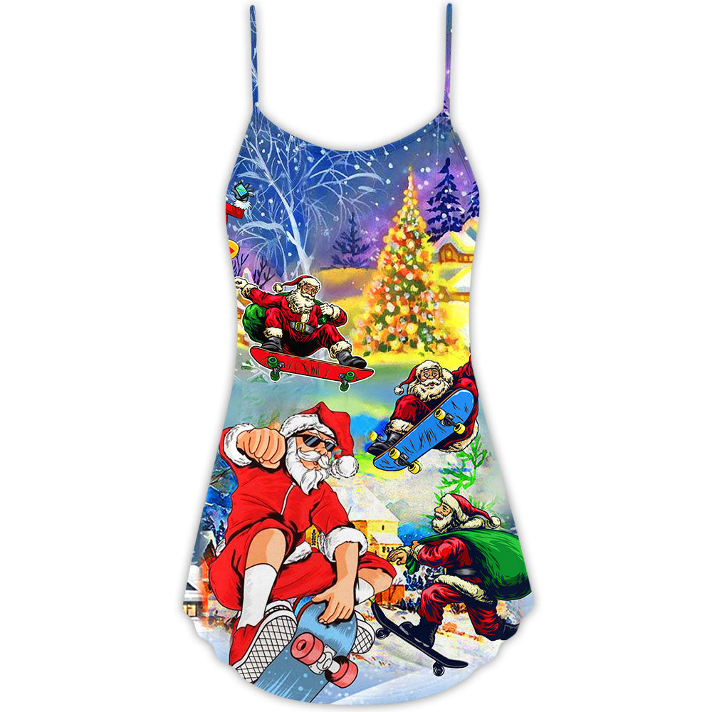 Skateboard Christmas Santa Jumping – Women's Summer Sleeveless V-Neck Camisole Dress