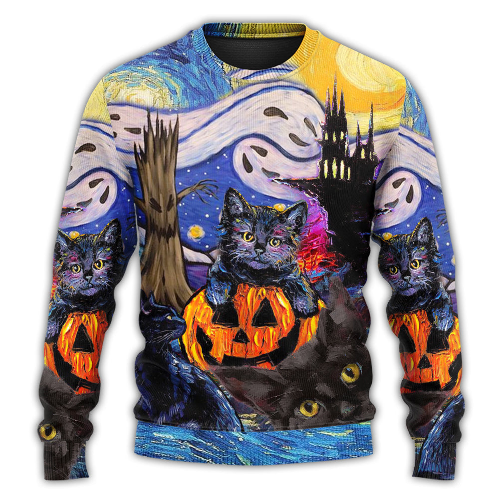 Halloween Black Cat Starry Night Art – Sweater - Ugly Christmas Sweater