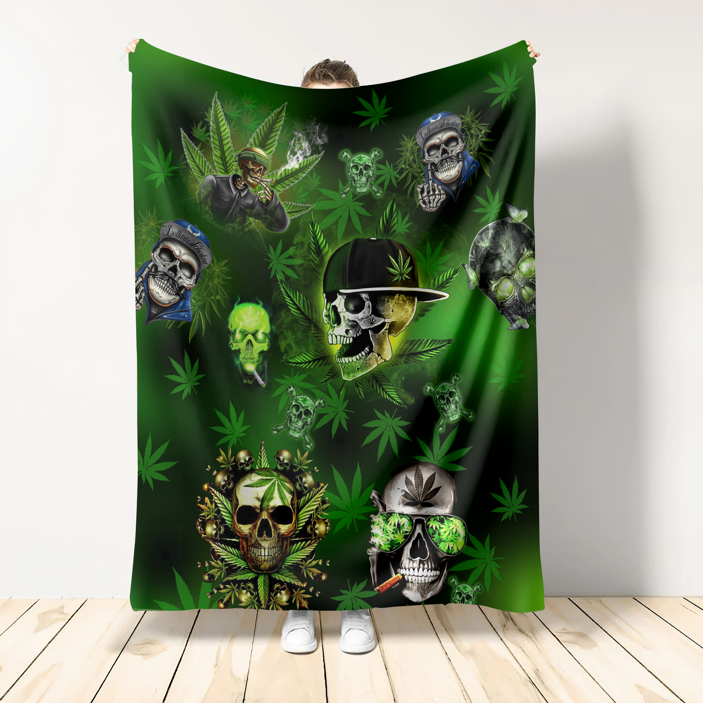 Green Skull Art Flannel Blanket For Soft Bed Couch And Home Comfort