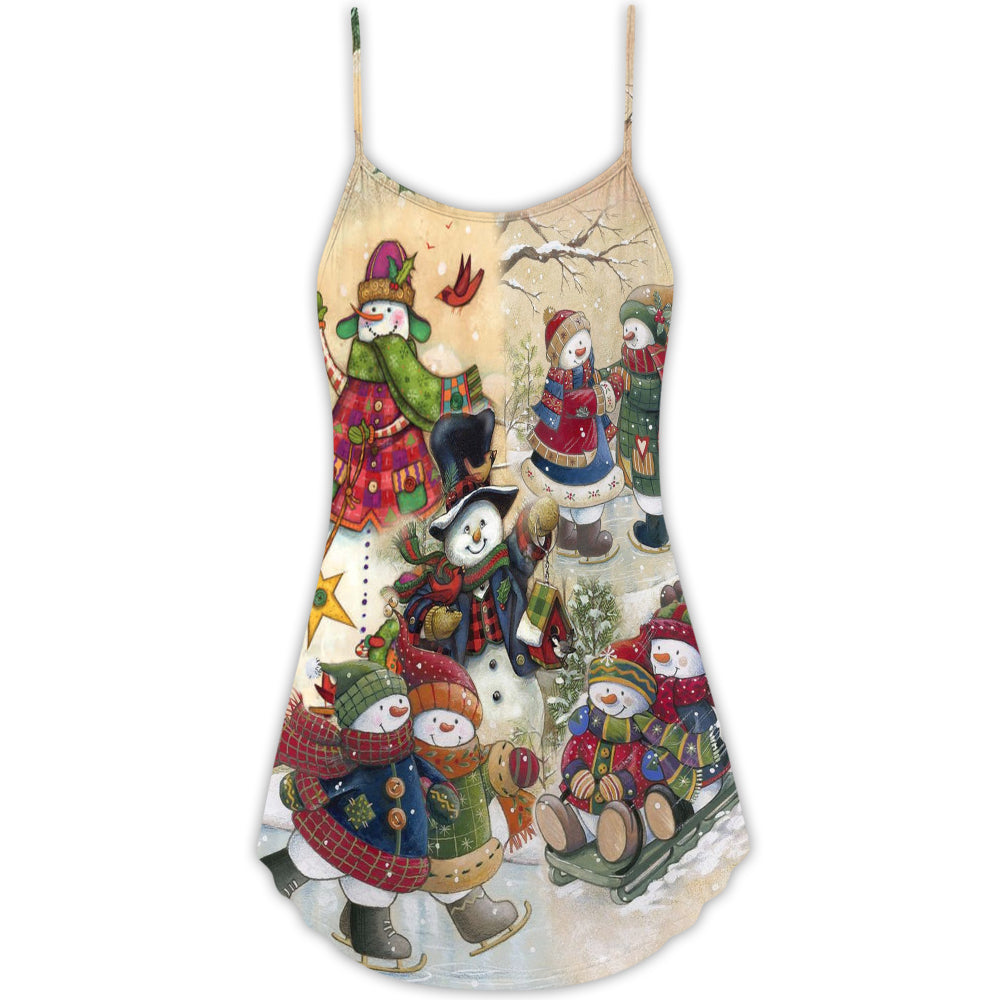 Snowman Couple Winter Love – Women's Summer Sleeveless V-Neck Camisole Dress