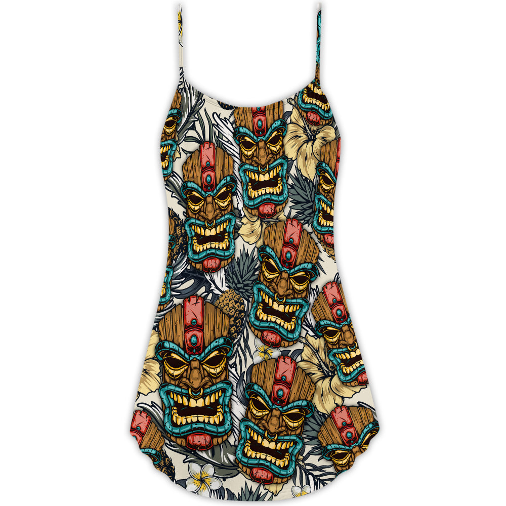 Tiki Tribal Mask Tropical Leaves – Women's Summer Sleeveless V-Neck Camisole Dress