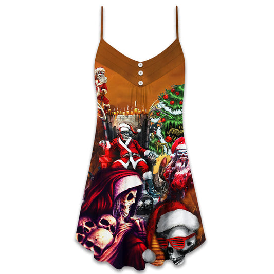 Skull Santa Merry Christmas – Women's Summer Sleeveless V-Neck Camisole Dress