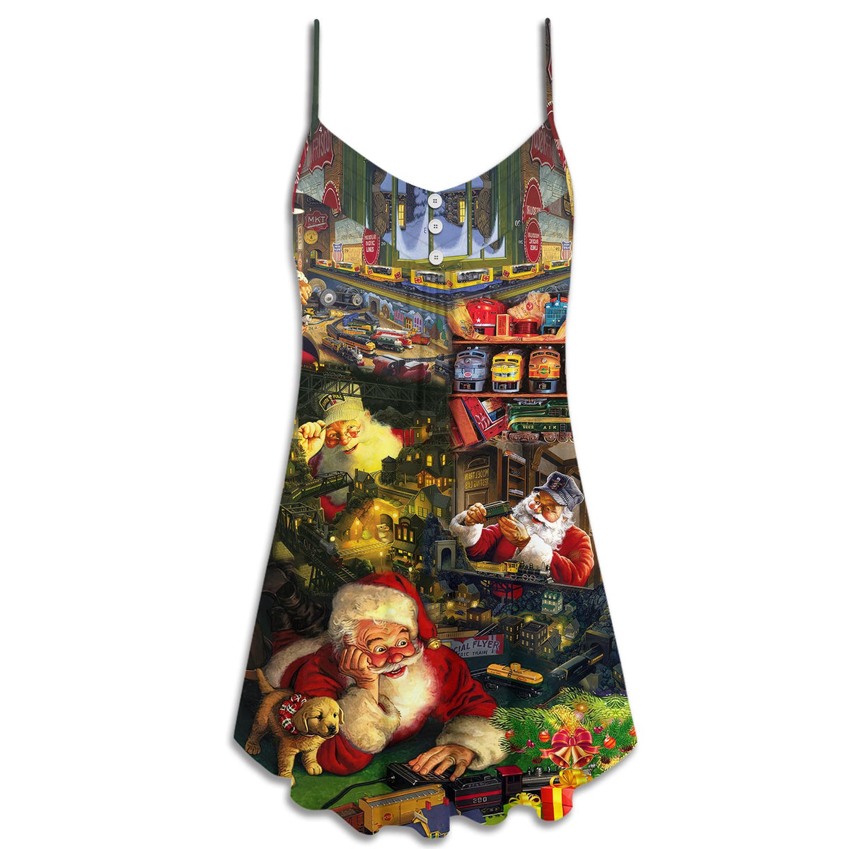 Christmas Santa Toy Train Factory – Women's Summer Sleeveless V-Neck Camisole Dress