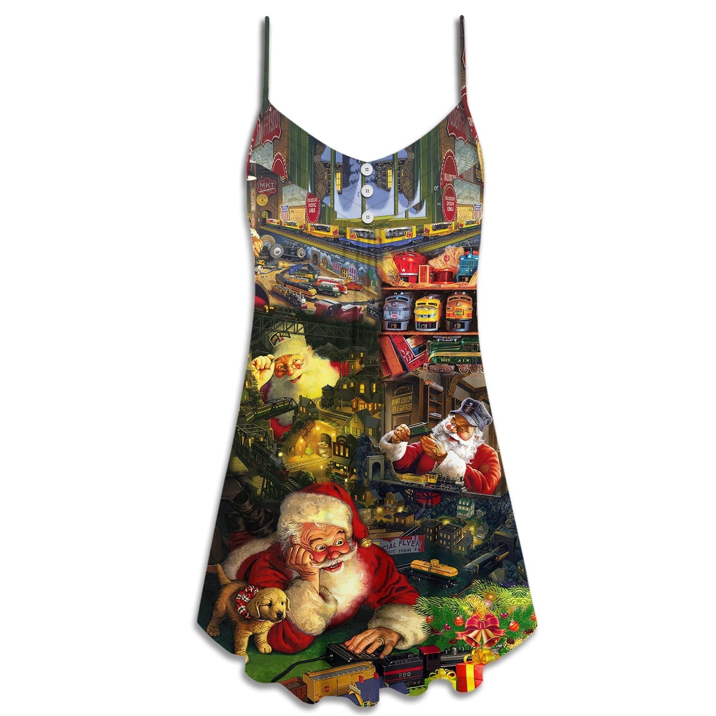 Santa Toy Train Factory Christmas – Women's Summer Sleeveless V-Neck Camisole Dress