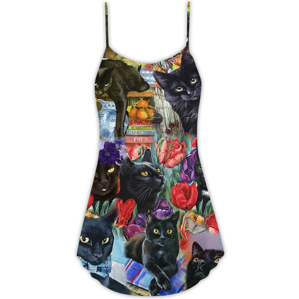 Black Cat Floral Art – Women's Summer Sleeveless V-Neck Camisole Dress