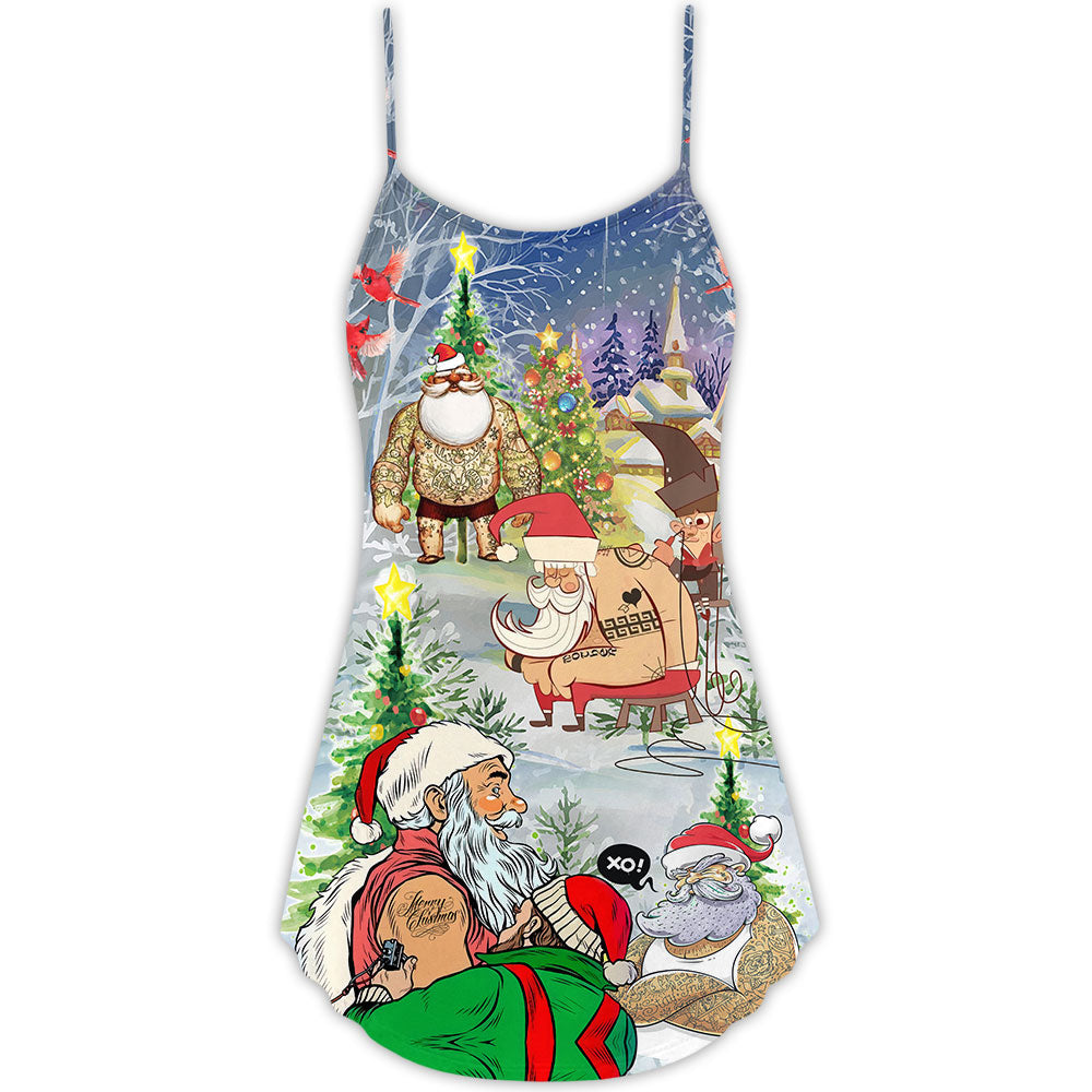 Tattoo Santa Christmas Cool Style – Women's Summer Sleeveless V-Neck Camisole Dress