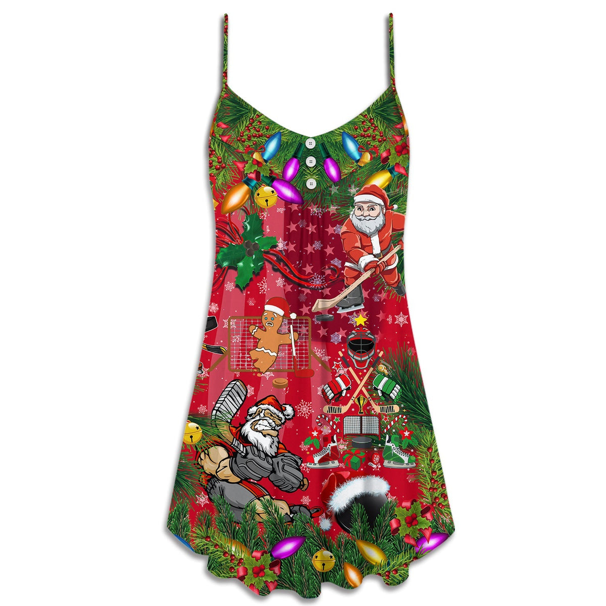 Christmas Hockey Fun With Santa – Women's Summer Sleeveless V-Neck Camisole Dress