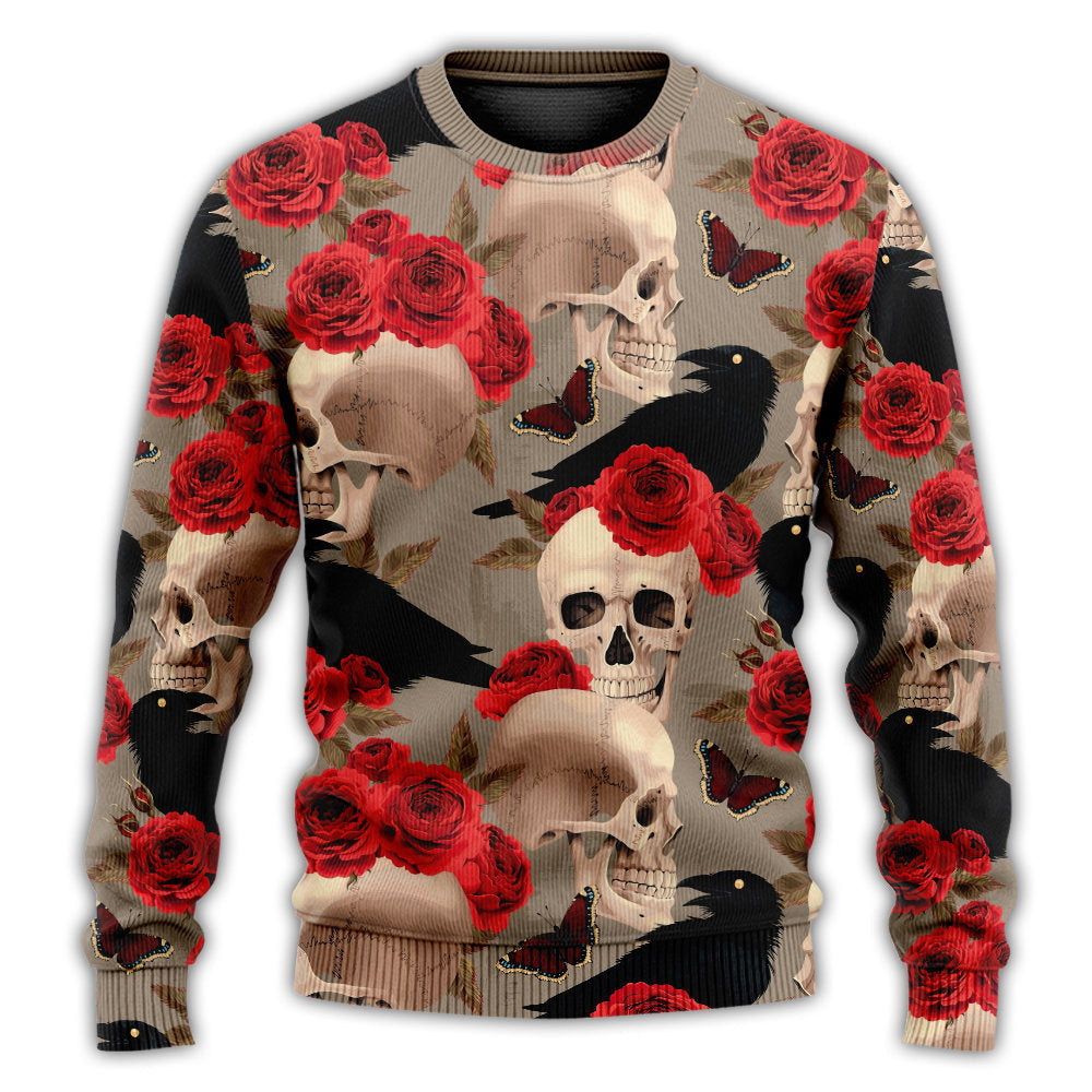 Gothic Skull Rose And Raven Art – Sweater - Ugly Christmas Sweater
