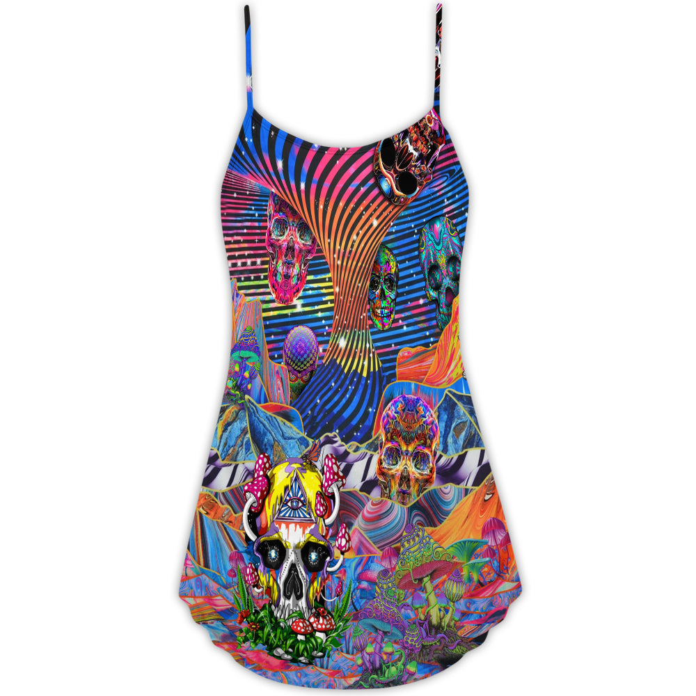 Hippie Colorful Skull Love Life – Women's Summer Sleeveless V-Neck Camisole Dress