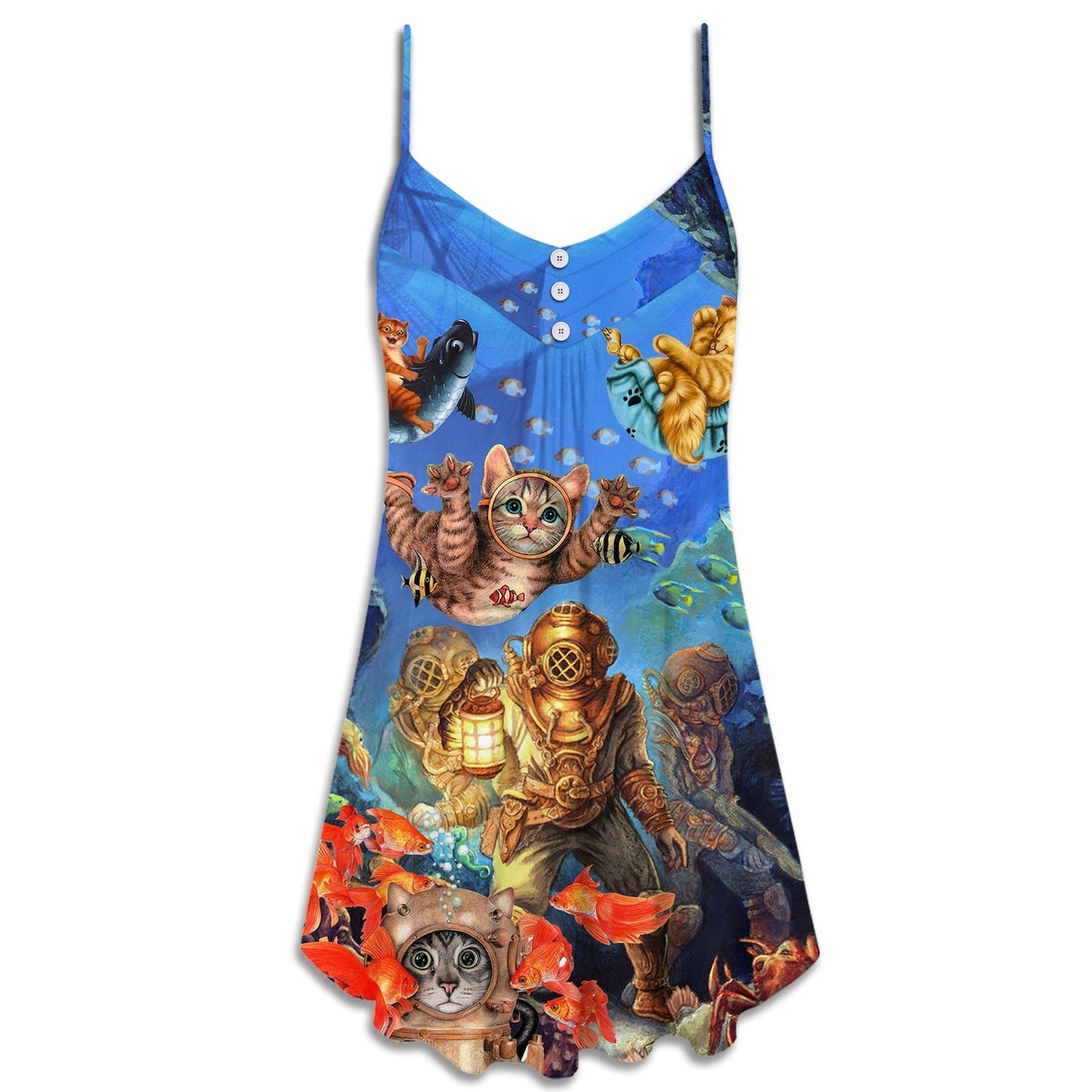 Diving Cat Under Sea – Women's Summer Sleeveless V-Neck Camisole Dress