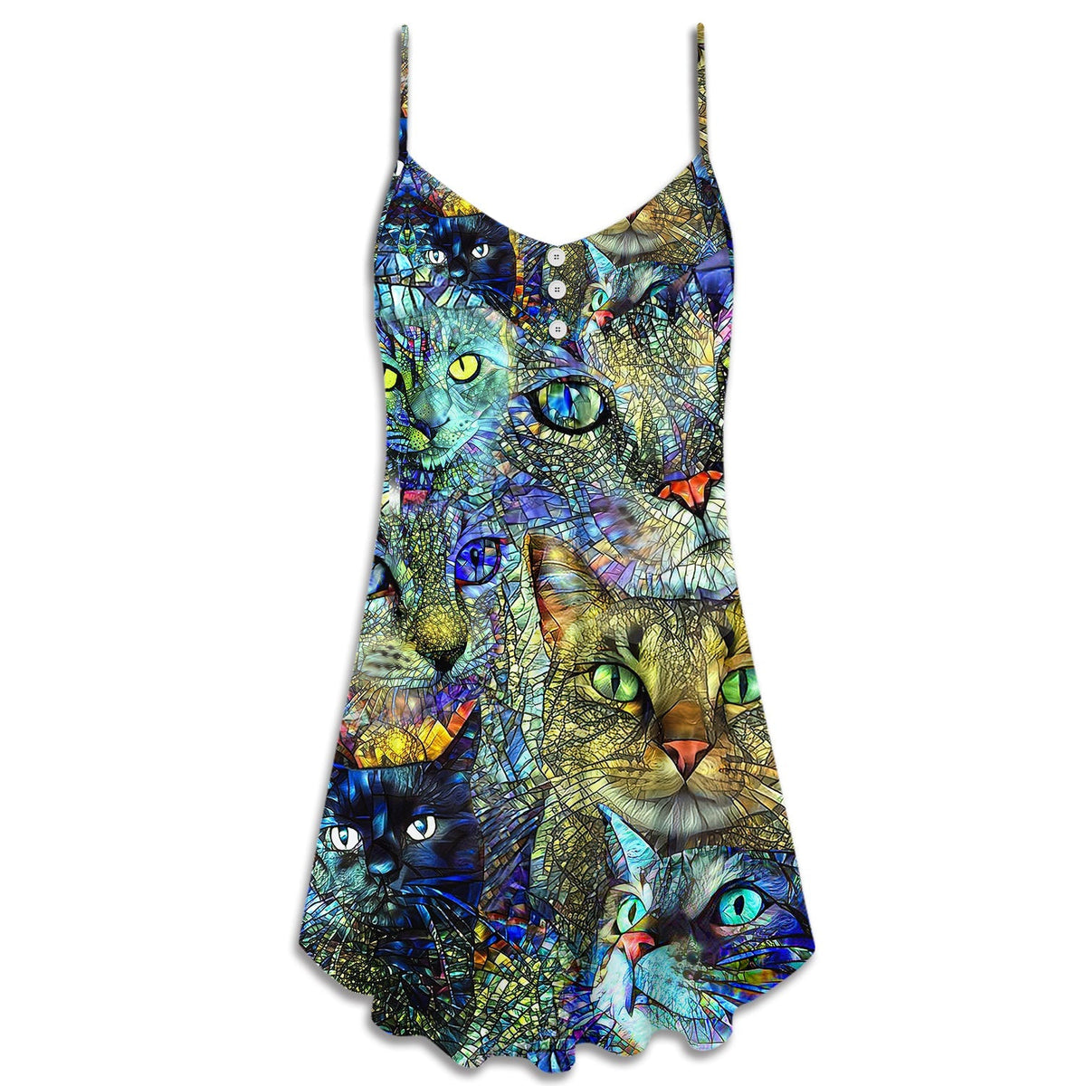 Colorful Cat Art Lover – Women's Summer Sleeveless V-Neck Camisole Dress