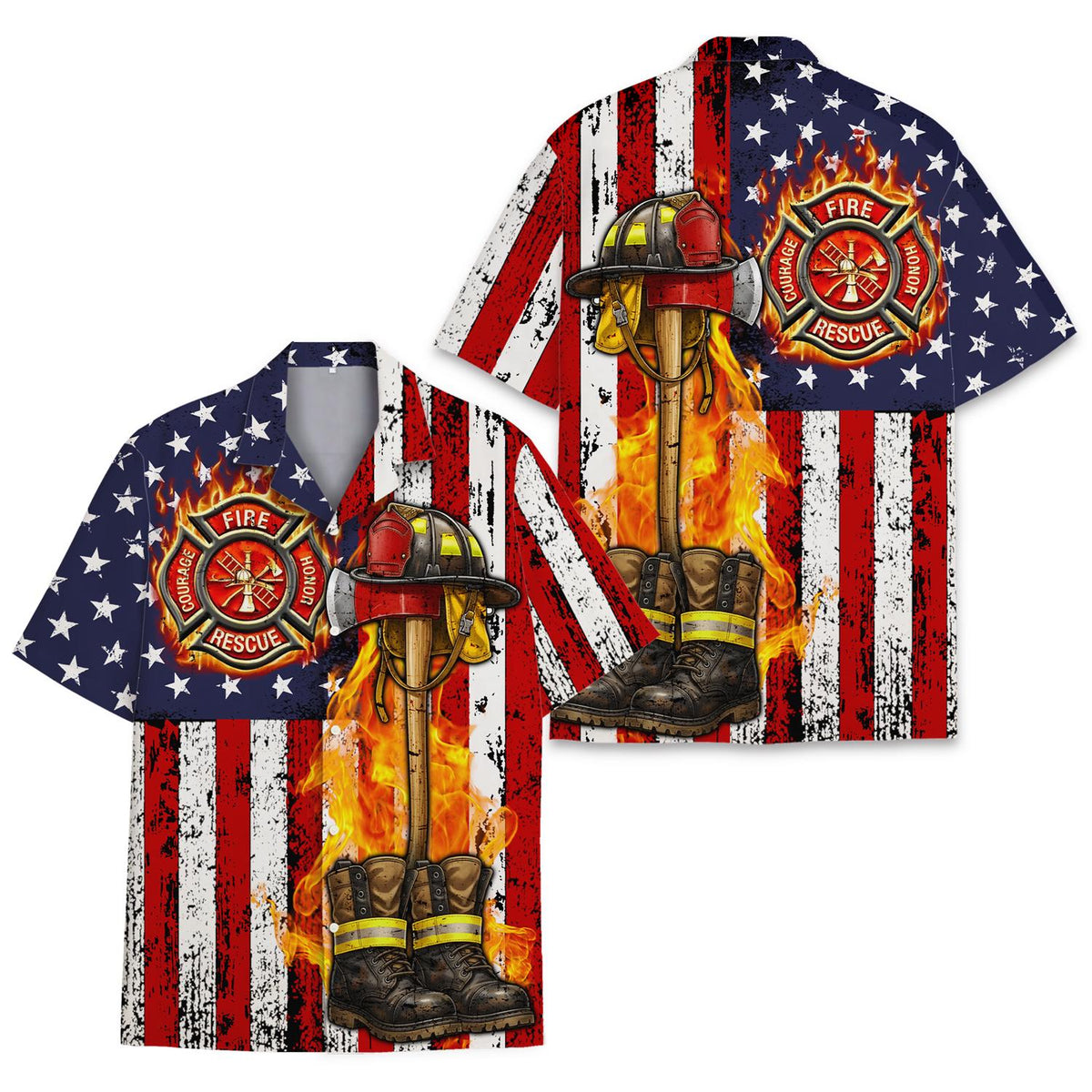 Patriotic Firefighter American Flag Helmet Axe Rescue – Hawaiian Shirt