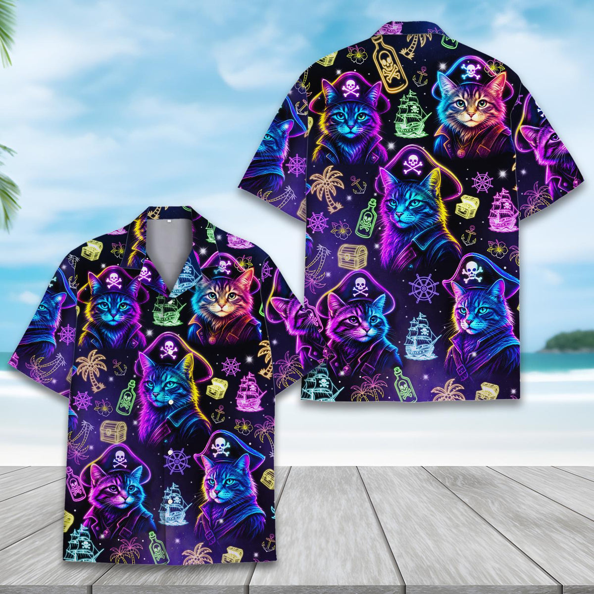 Neon Pirate Cat Glowing Captain Treasure – Hawaiian Shirt