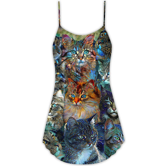 Colorful Glass Art Cat Lover – Women's Summer Sleeveless V-Neck Camisole Dress