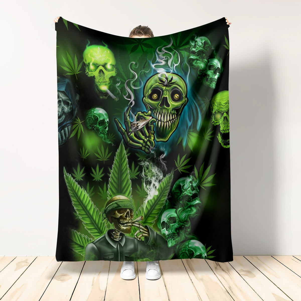 Green Skull Art Flannel Blanket For Soft Bed Couch And Home Comfort