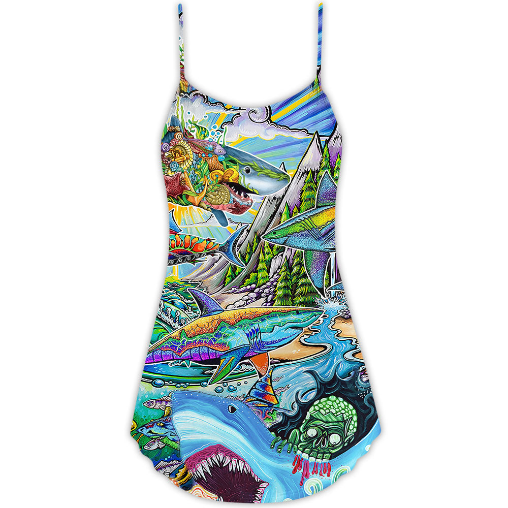 Shark Hippie Colorful Peace – Women's Summer Sleeveless V-Neck Camisole Dress