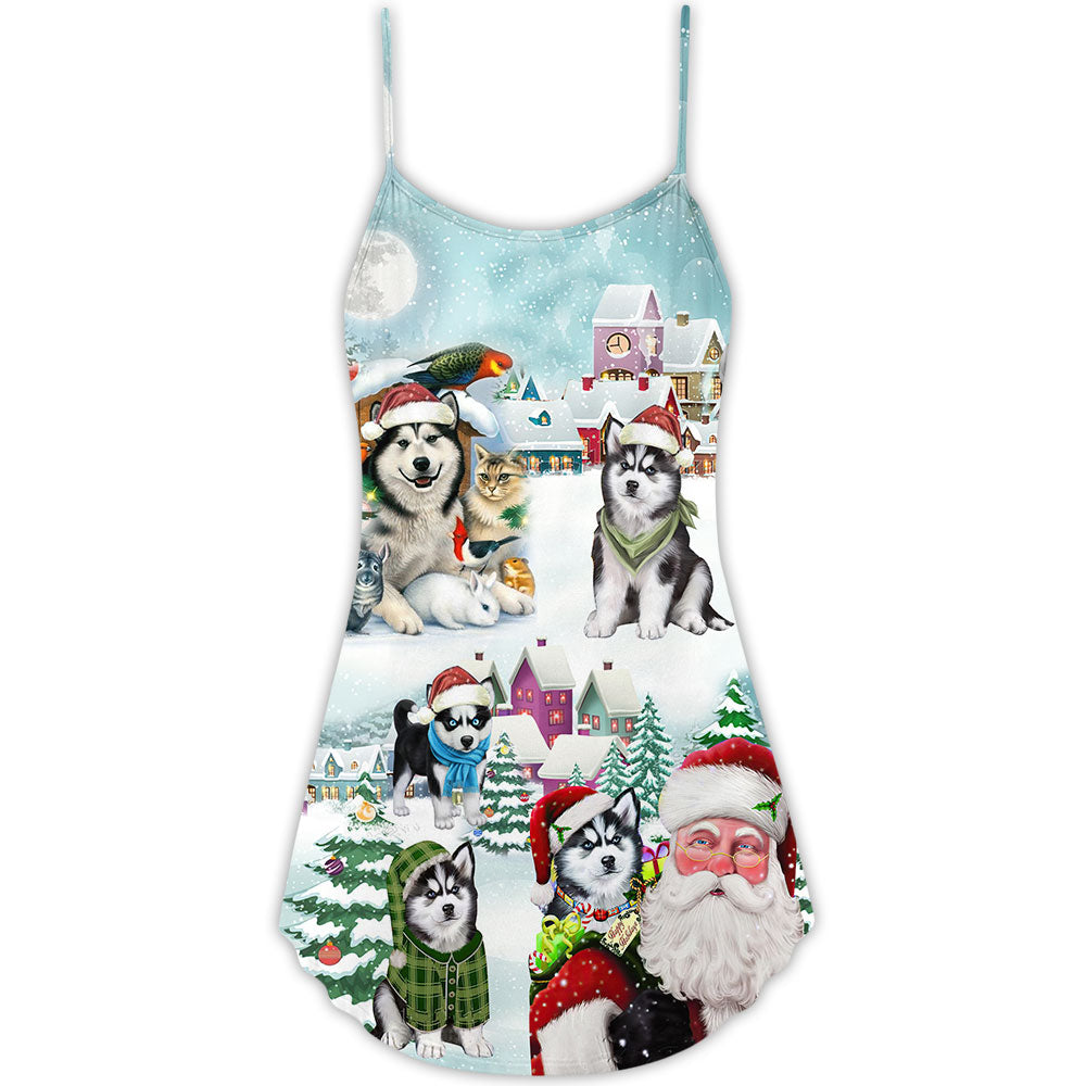 Husky Dogs Merry Christmas – Women's Summer Sleeveless V-Neck Camisole Dress