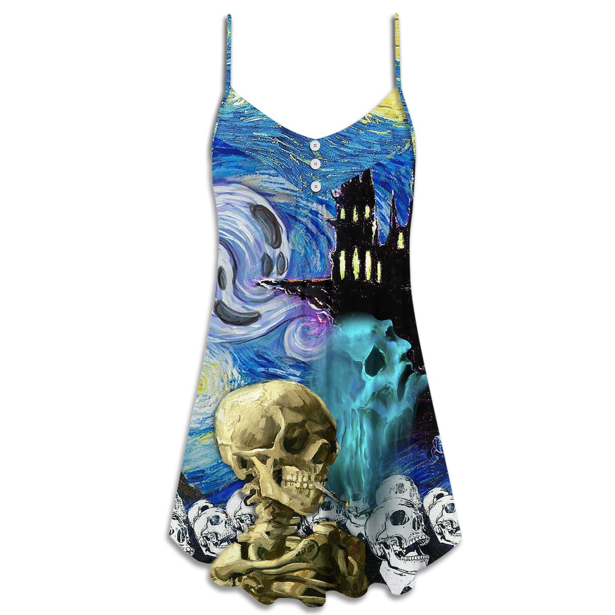Halloween Skull Smoke Starry Night – Women's Summer Sleeveless V-Neck Camisole Dress