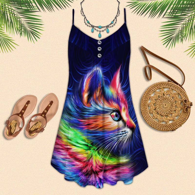 Cats Dark Color Love – Women's Summer Sleeveless V-Neck Camisole Dress