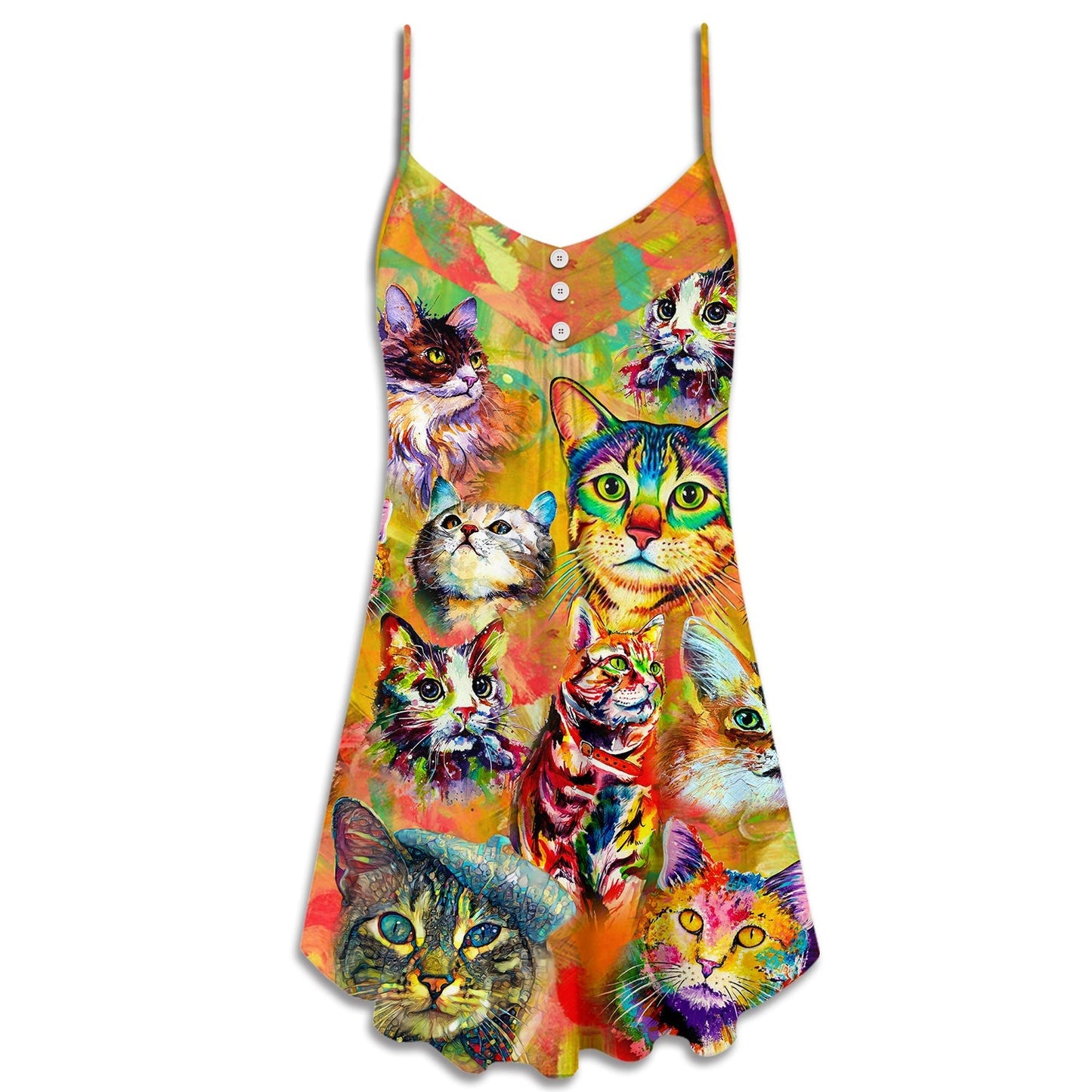 Funny Cat Lover Colorful Painting – Women's Summer Sleeveless V-Neck Camisole Dress