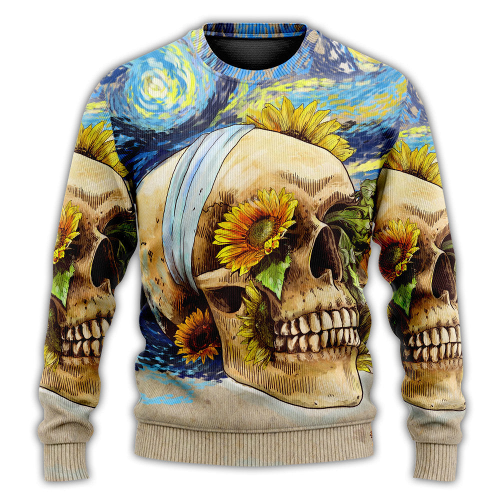 Skull And Sunflower Vintage Starry Night Art – Sweater - Ugly Christmas Sweater